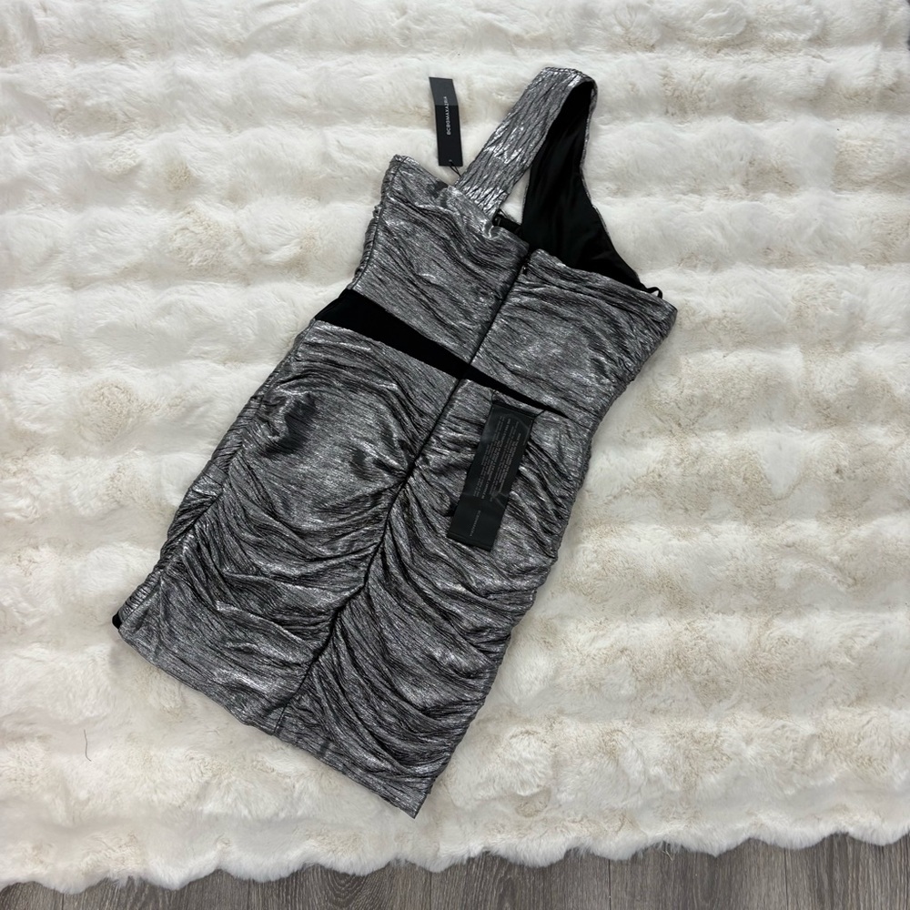 BCBGMaxAzria bodycon one-Shoulder Dress in metallic silver black mesh small nwt - Picture 5 of 5